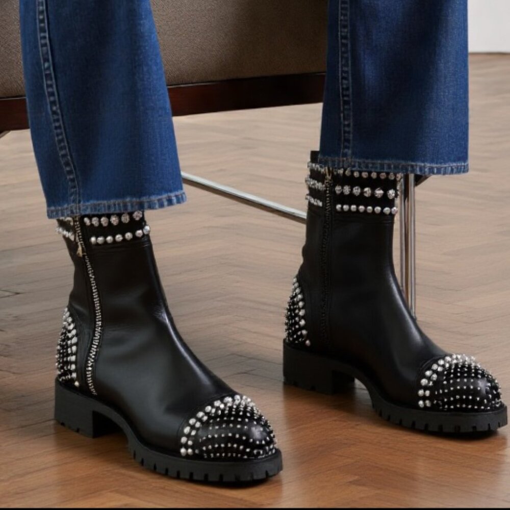 Alexander McQueen Studded Lug Sole Mid-Calf Leather Boots Made in Italy